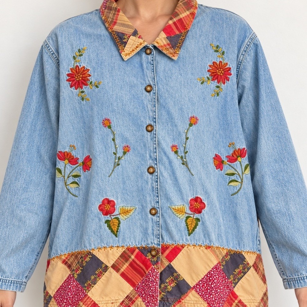 VTG Bobbie Brooks Embroidered Floral Patchwork Denim Shirt 26W/28W Button Cotton